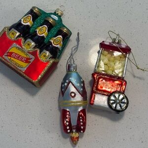 Glass Beer Six-Pack, Rocket & Popcorn Cart Ornaments - Red, Green, Blue